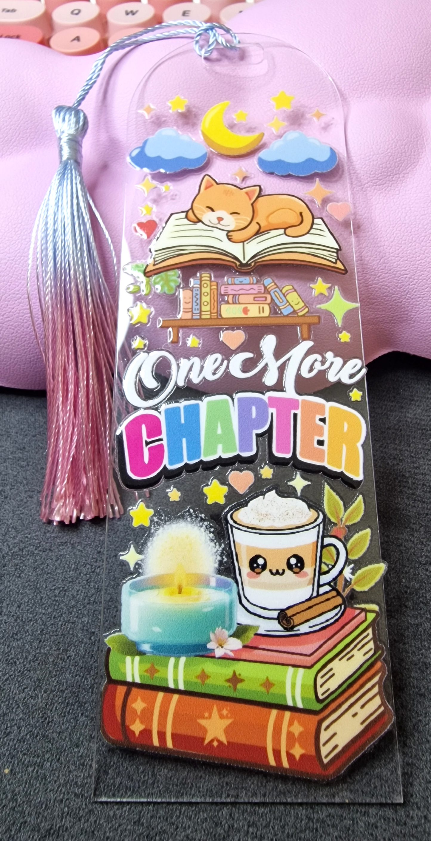 One More Chapter (Coffee & Cat Edition) – Embossed 3D Acrylic Bookmark with Tassel