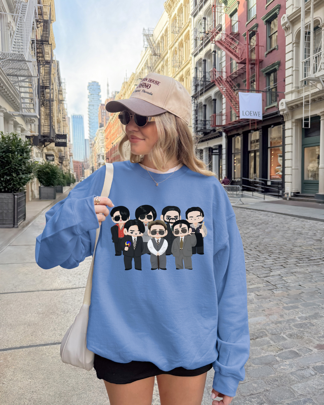 Chibi style BTS Members with Arirang symbols Sweatshirt- Pink and Sapphire