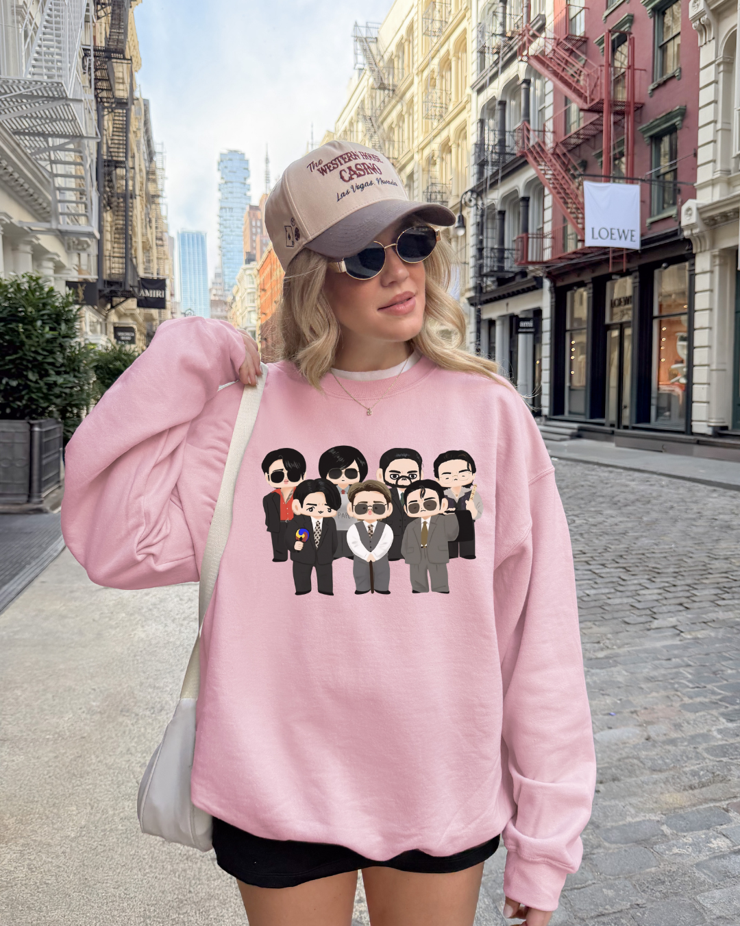 Chibi style BTS Members with Arirang symbols Sweatshirt- Pink and Sapphire
