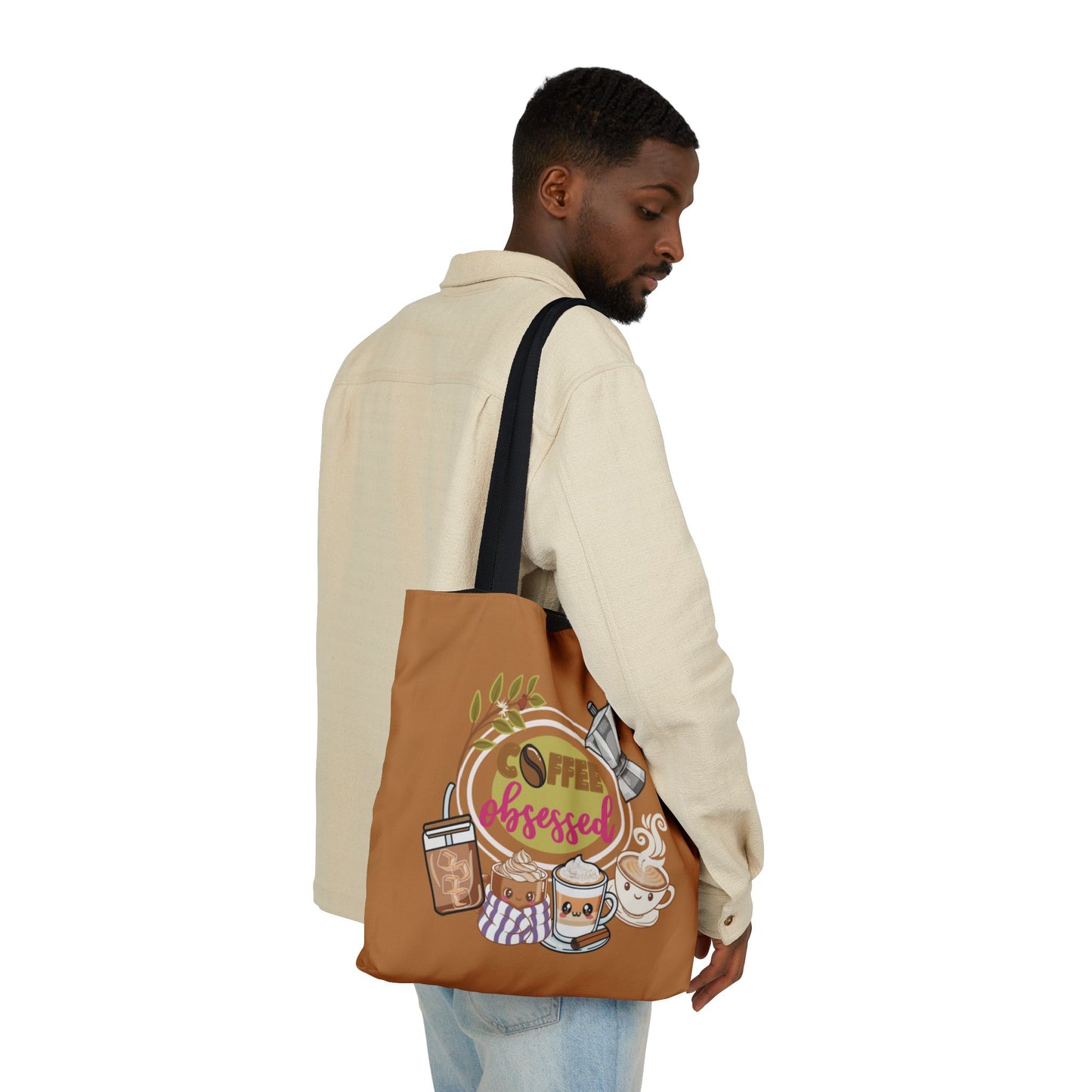 Coffee Obsessed Canvas Tote Bag — Cute Coffee Cup & Beans Reusable Shopper
