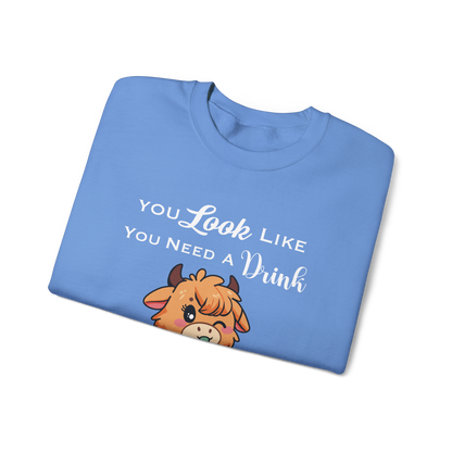 Cute Highland Cow 'You Look Like You Need A Drink' Cozy Sweatshirt