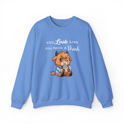 Cute Highland Cow 'You Look Like You Need A Drink' Cozy Sweatshirt