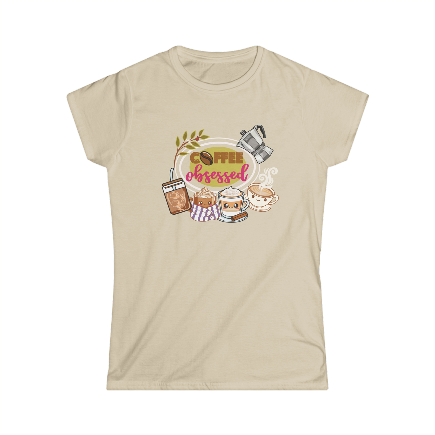 Coffee Obsessed – Cute Coffee Lover Graphic T-Shirt (Sand)