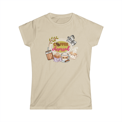 Coffee Obsessed – Cute Coffee Lover Graphic T-Shirt (Sand)
