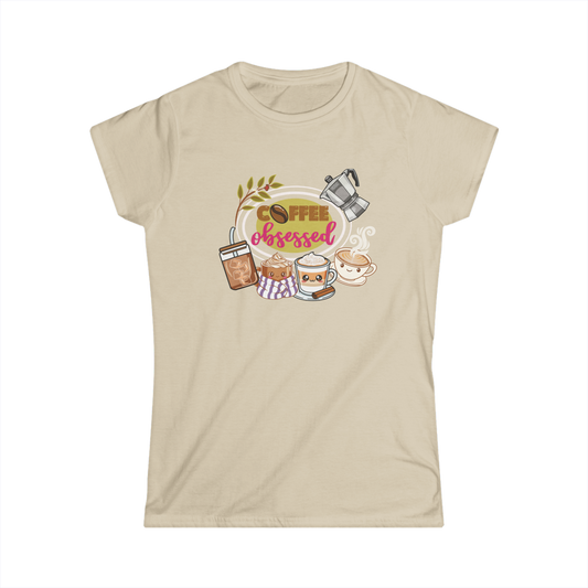 Coffee Obsessed – Cute Coffee Lover Graphic T-Shirt (Sand)