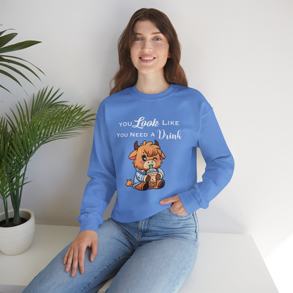 Cute Highland Cow 'You Look Like You Need A Drink' Cozy Sweatshirt