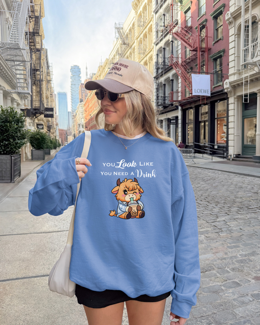 Cute Highland Cow 'You Look Like You Need A Drink' Cozy Sweatshirt